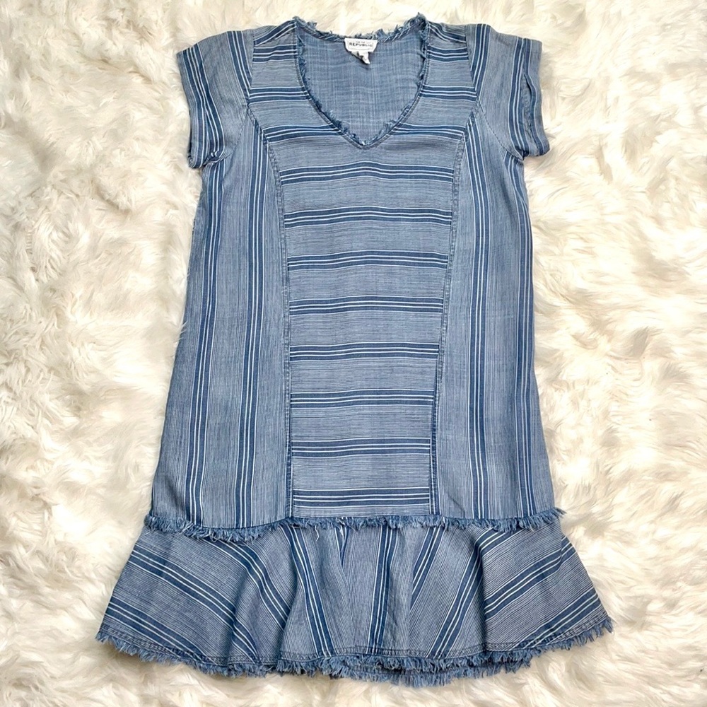 For the Republic Blue Striped Rough Hem Shift Dress